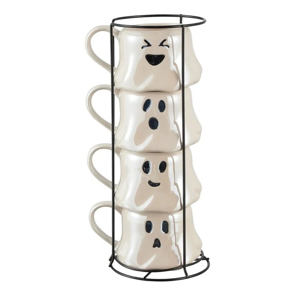 Way To Celebrate Other - NEW Halloween 13 oz White Ghost Stoneware Stackable Mug Set With Iron Rack